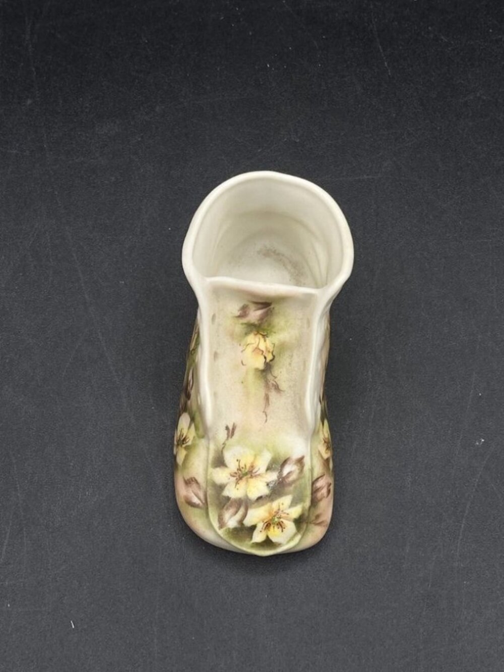 Victorian Ornate Lace Up Baby Shoe Figurine Yellow & Brown Flowers 1880?
